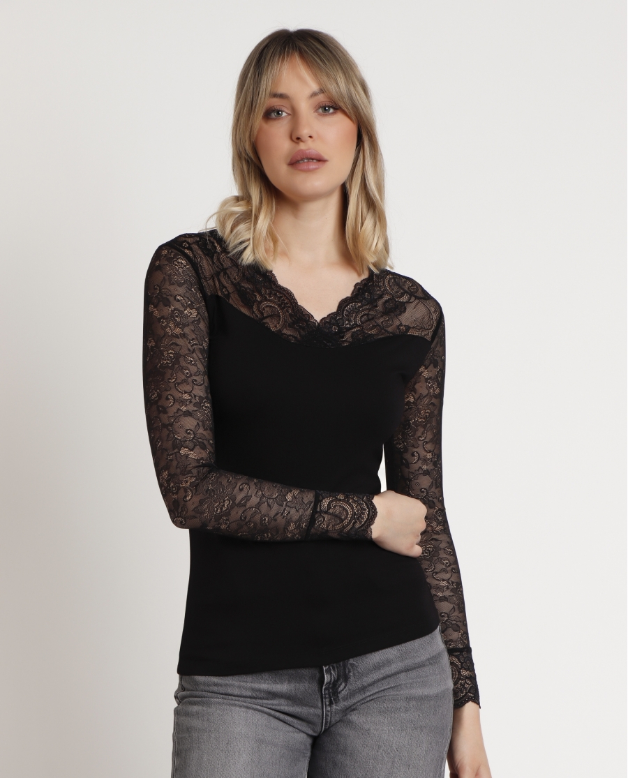 ADMAS Camiseta Manga Larga Puntilla Pico para Mujer NEGRO