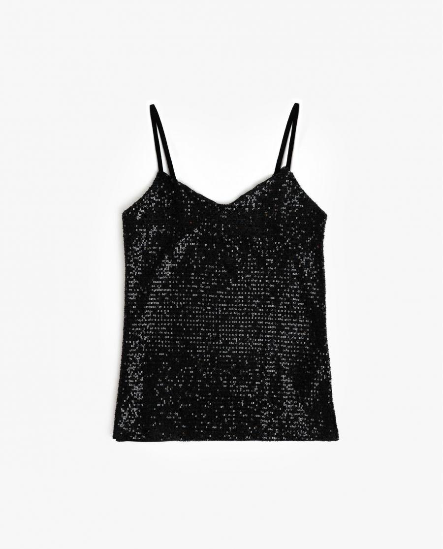 ADMAS Camiseta Tirantes Sequins para Mujer NEGRO