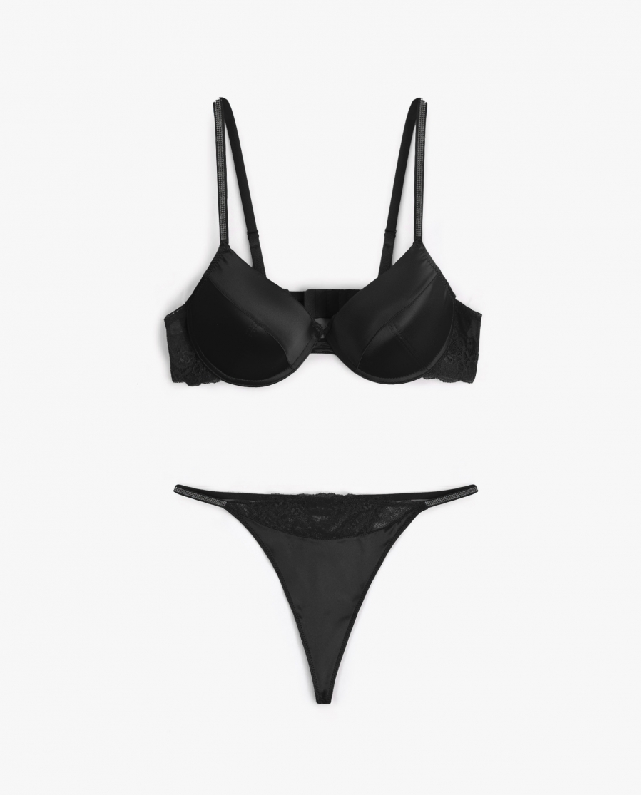 ADMAS Conjunto Sujetador Push Up y Tanga Night Fever para Mujer NEGRO