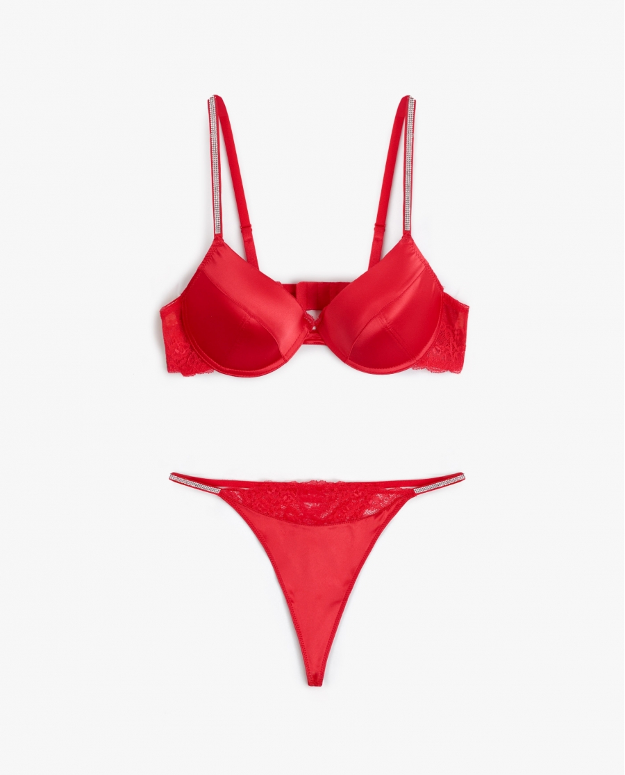 ADMAS Conjunto Sujetador Push Up y Tanga Night Fever para Mujer ROJO