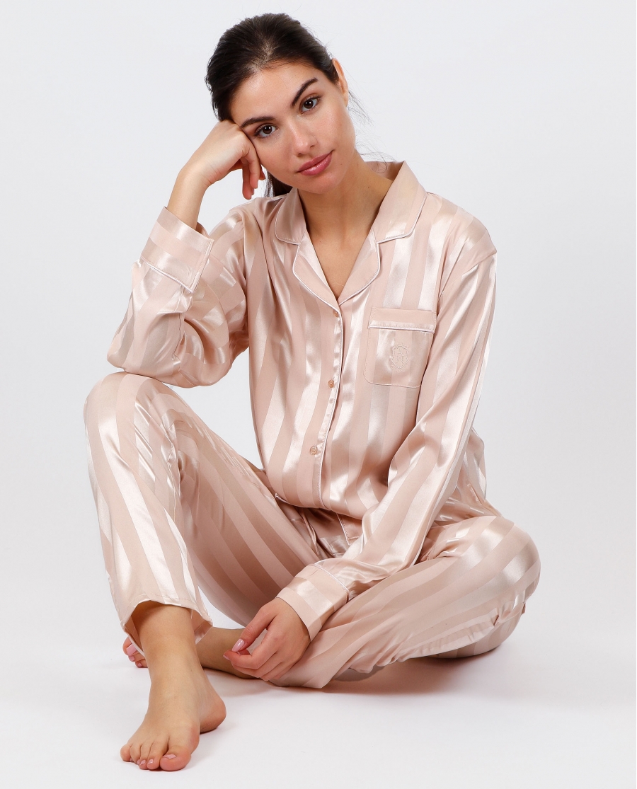 ADMAS CLASSIC Pijama Novia Abierto Manga Larga Satin Stripes para Mujer NUDE