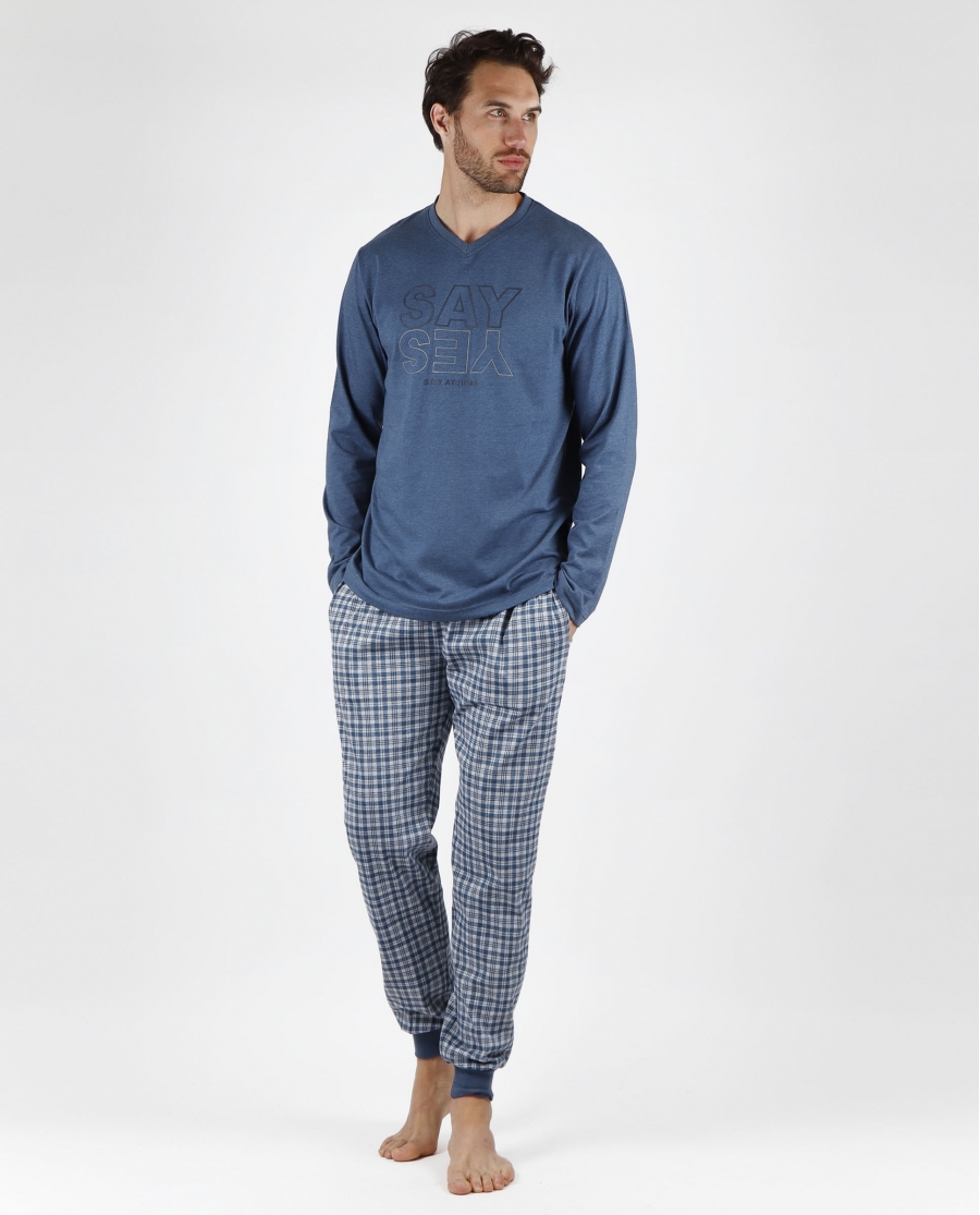 STAY AT HOME Pijama Manga Larga Say Yes para Hombre AZUL