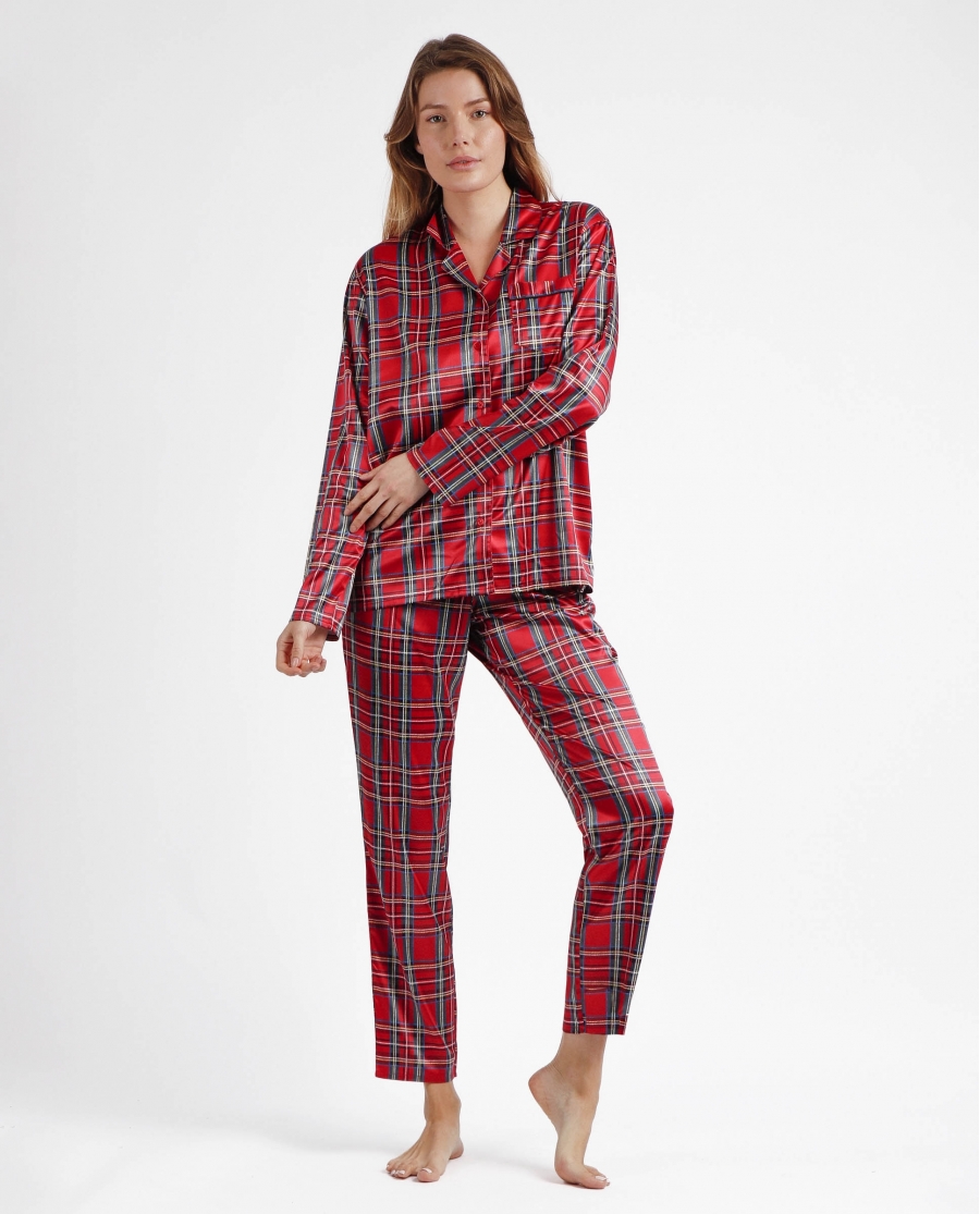 ADMAS CLASSIC Pijama Abierto Manga Larga Scottish Fashion para Mujer ROJO