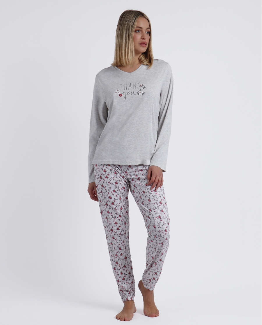 ADMAS GARDEN Pijama Manga Larga Thank You para Mujer GRIS JASPE