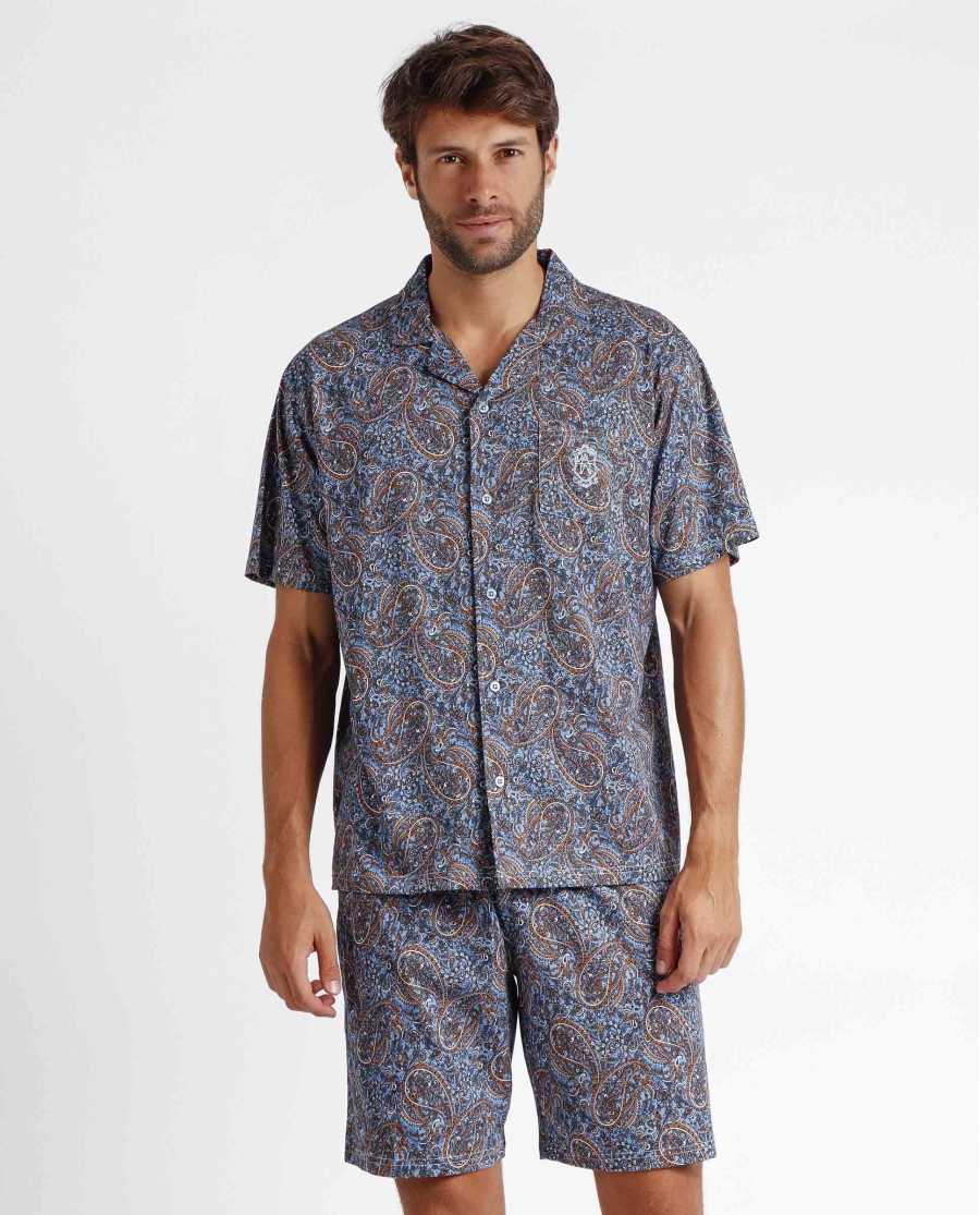 ADMAS CLASSIC Pijama Abierto Manga Corta New Cachemire para Hombre AZUL