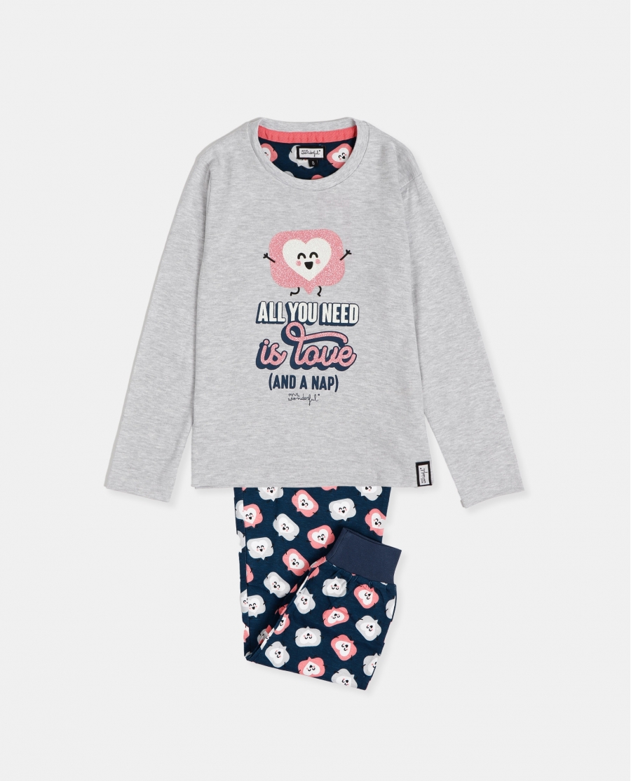 MR WONDERFUL Pijama Manga Larga Love para Niña GRIS JASPE