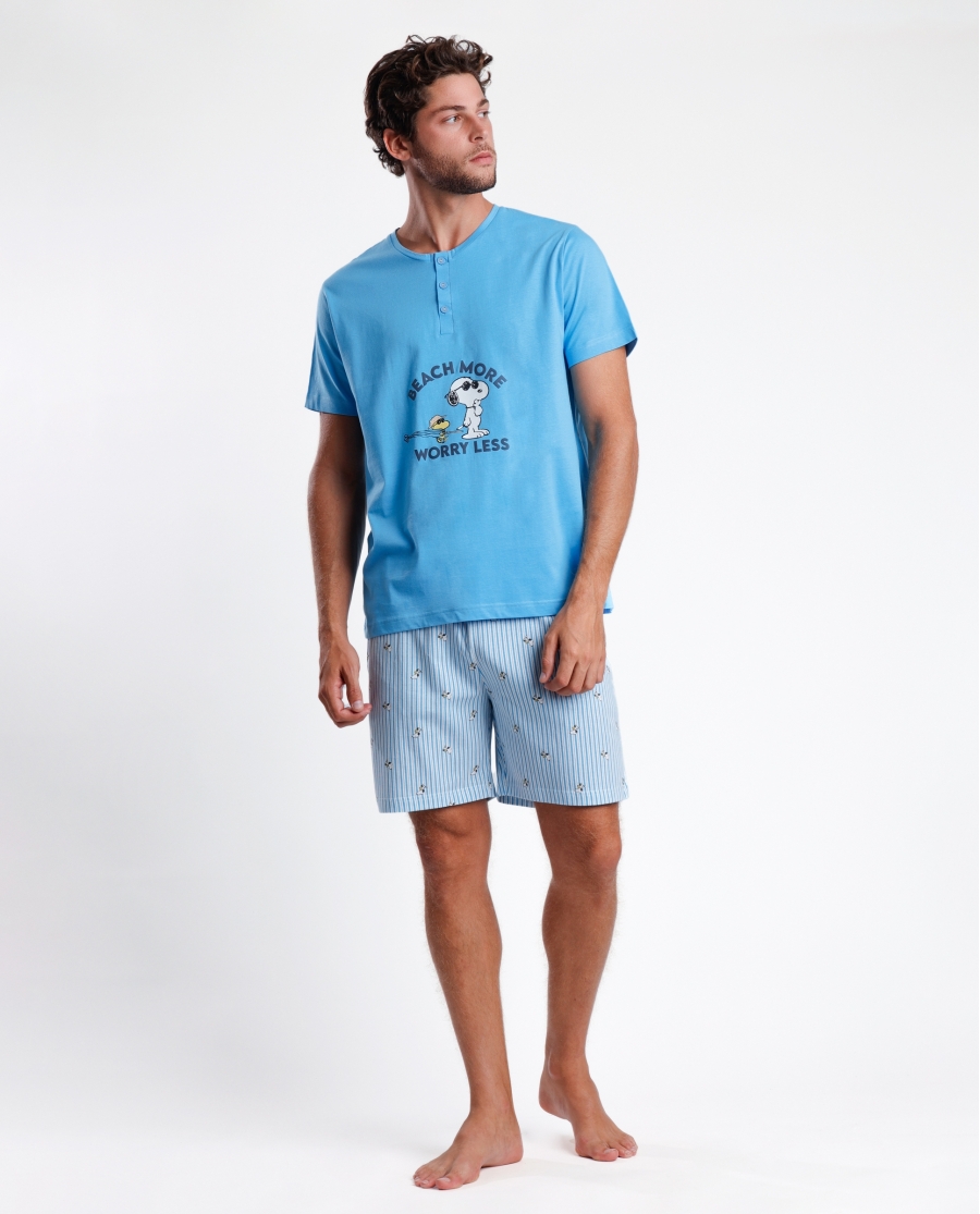 PEANUTS Pijama Manga Corta Worry Less para Hombre AZUL