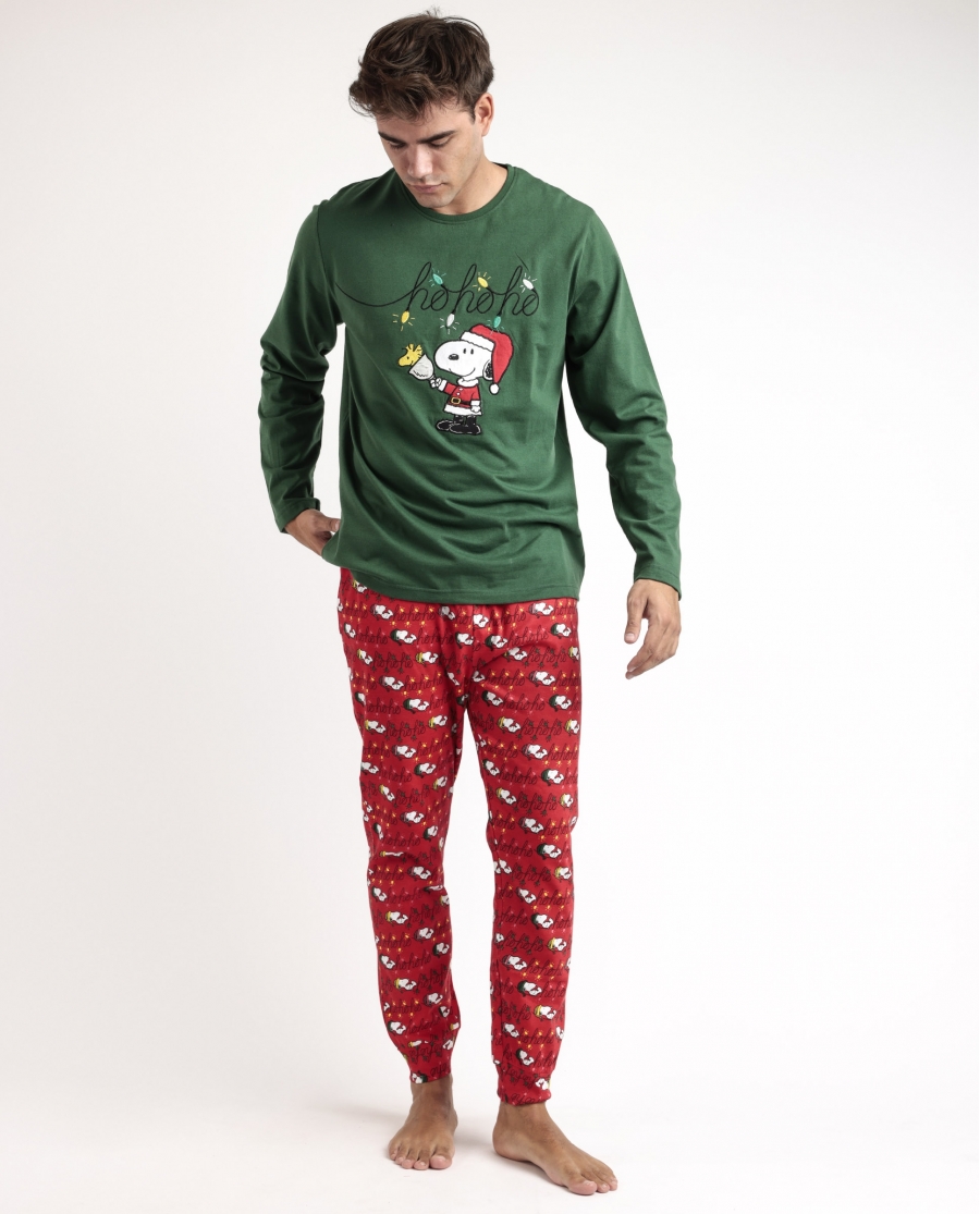 PEANUTS Pijama Manga Larga Ho Ho Ho para Hombre VERDE