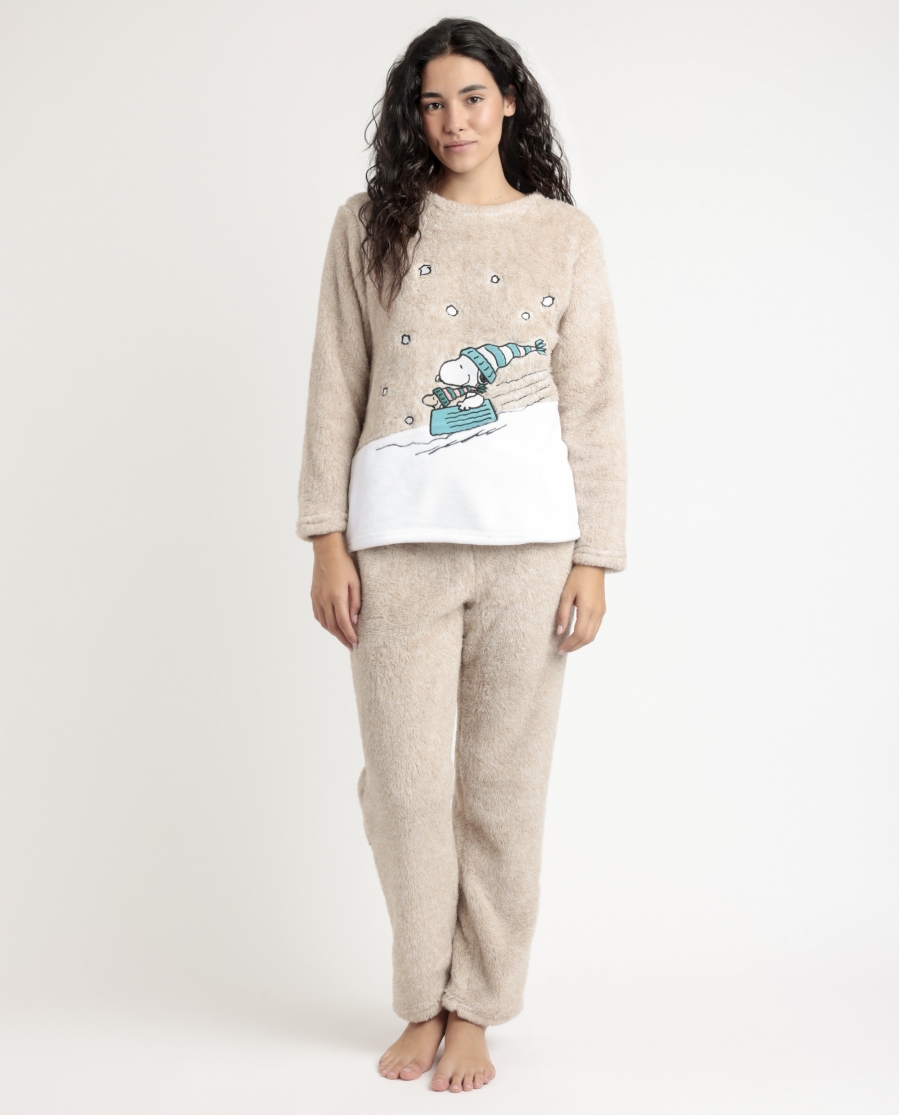 PEANUTS Pijama Manga Larga Calentito Let It Snow para Mujer BEIGE