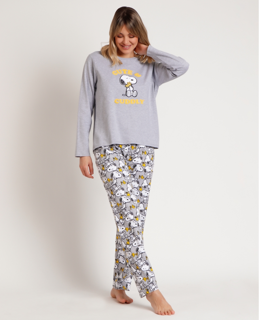 PEANUTS Pijama Manga Larga Snoopy Funny para Mujer GRIS JASPE