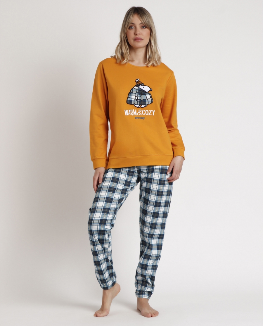 PEANUTS Pijama Manga Larga Warm & Cozy para Mujer MOSTAZA