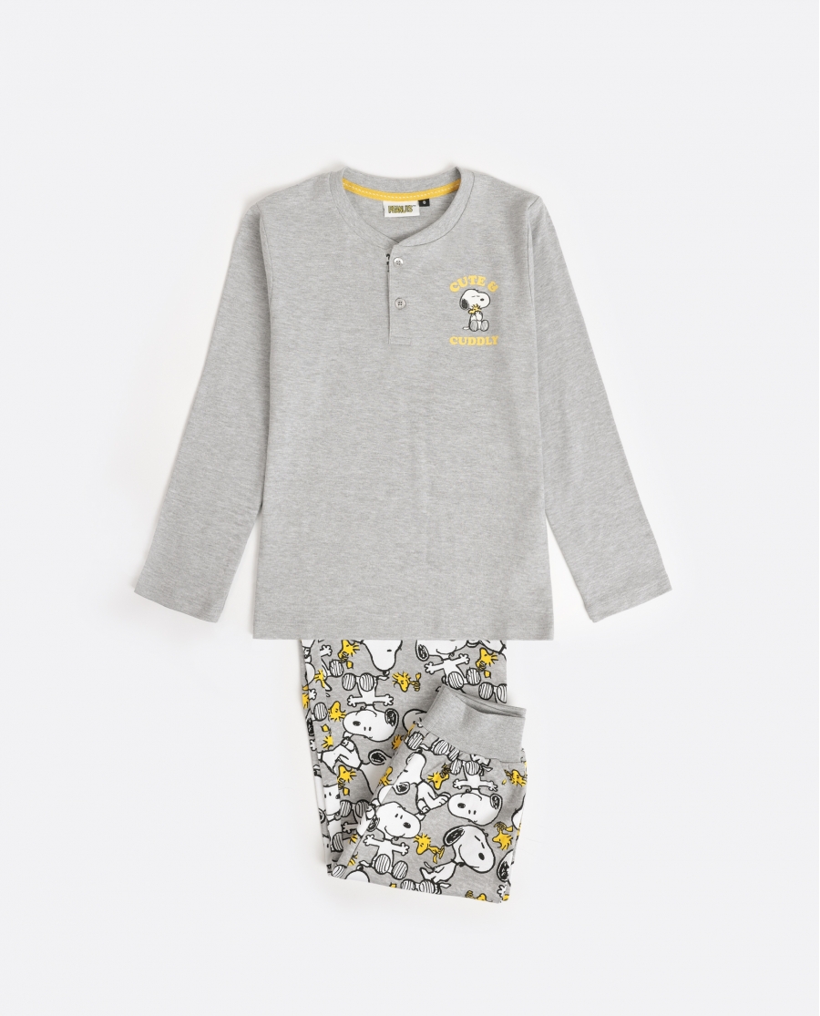 PEANUTS Pijama Manga Larga Snoopy Funny para Niño GRIS JASPE