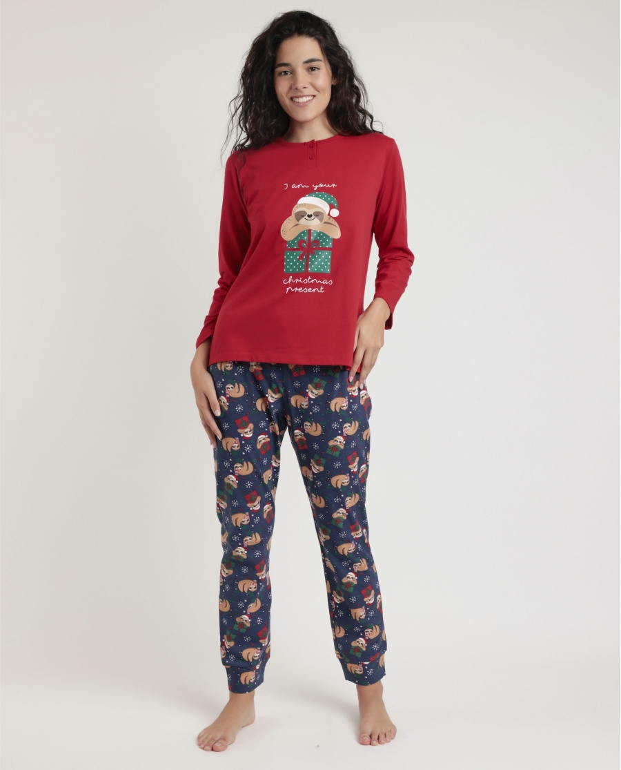 ADMAS Pijama Manga Larga Have a Lazy Christmas para Mujer ROJO