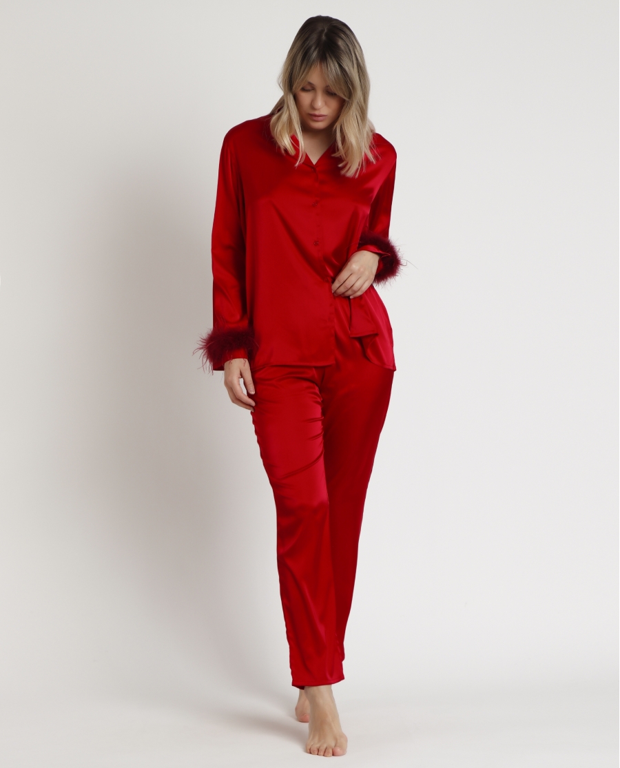 ADMAS CLASSIC Pijama Abierto Manga Larga Plumas Marabu Christmas Luxe para Mujer ROJO