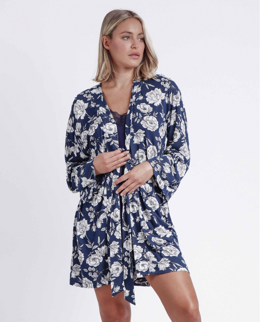 ADMAS GARDEN Bata Manga Larga Navy Flowers para Mujer MARINO