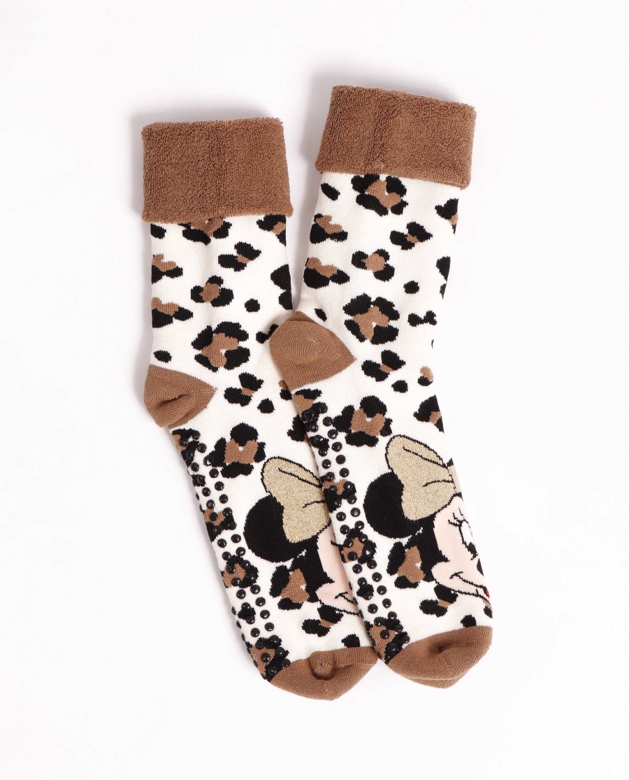 DISNEY Calcetín Antideslizante Minnie Leopard para Mujer CAMEL