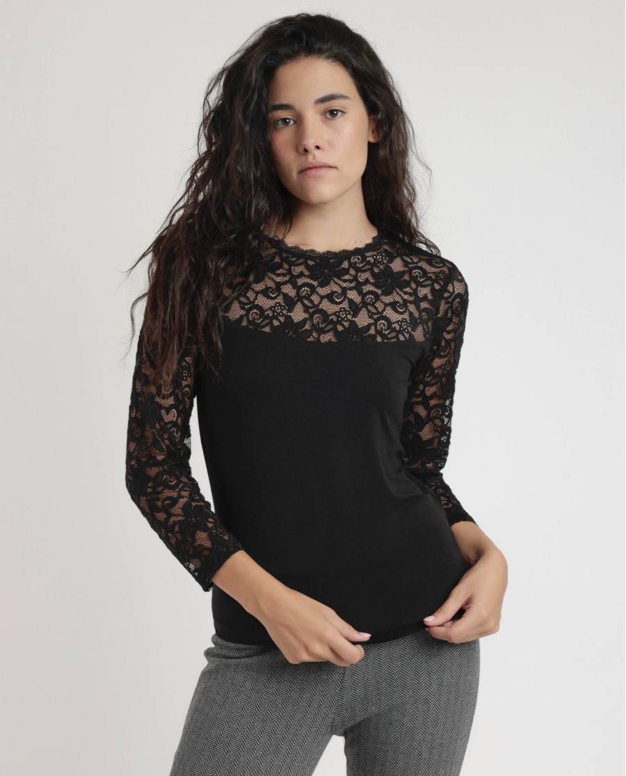 ADMAS Camiseta Manga Larga Lace Piece para Mujer NEGRO