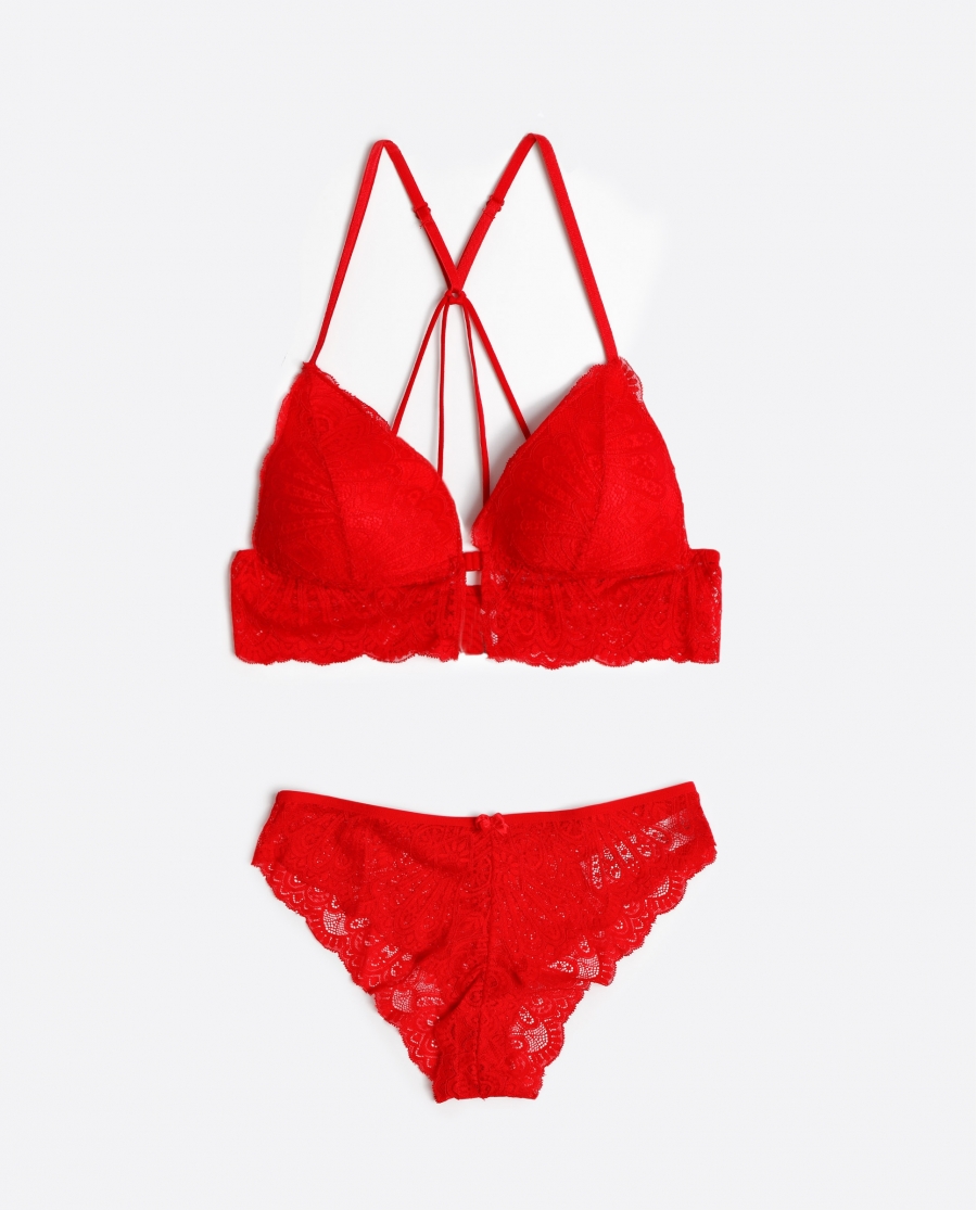 ADMAS Conjunto Top Triangulo y Braguita Puntilla para Mujer ROJO