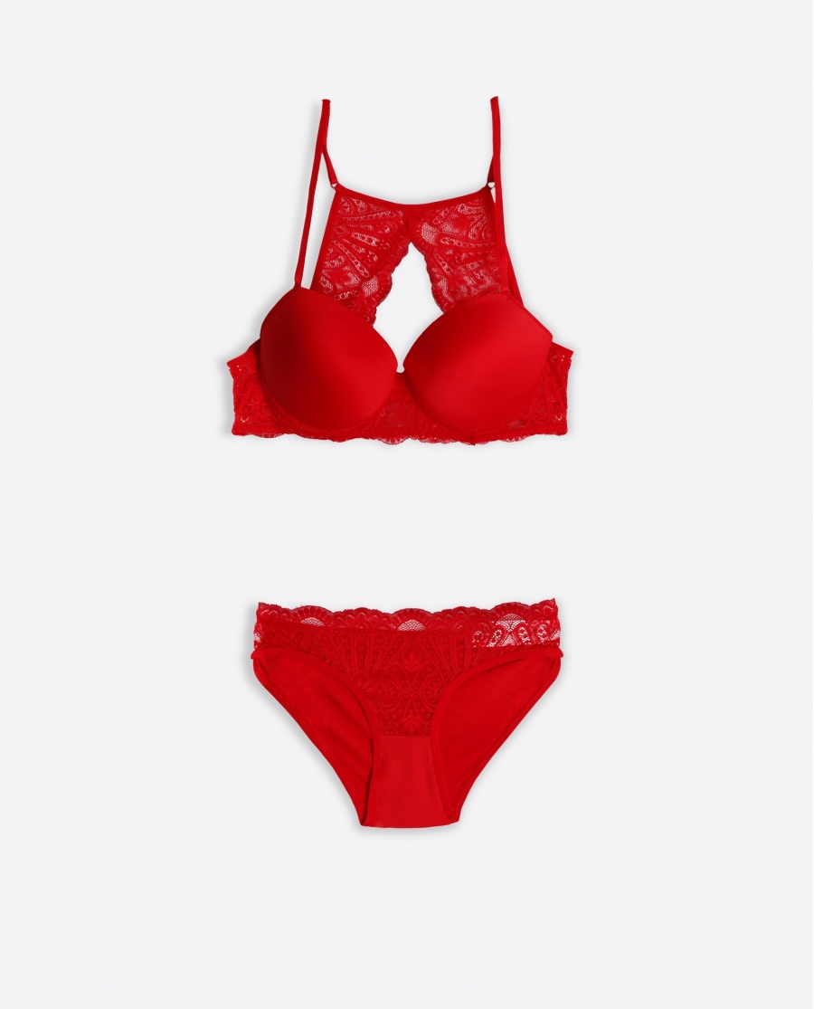 ADMAS Conjunto Sujetador Push Up y Braguita Ondas para Mujer ROJO