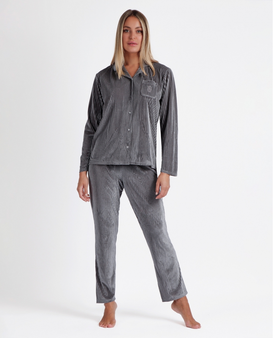 ADMAS CLASSIC Pijama Manga Larga Abierto Classic Elegant Stripes para Mujer GRIS