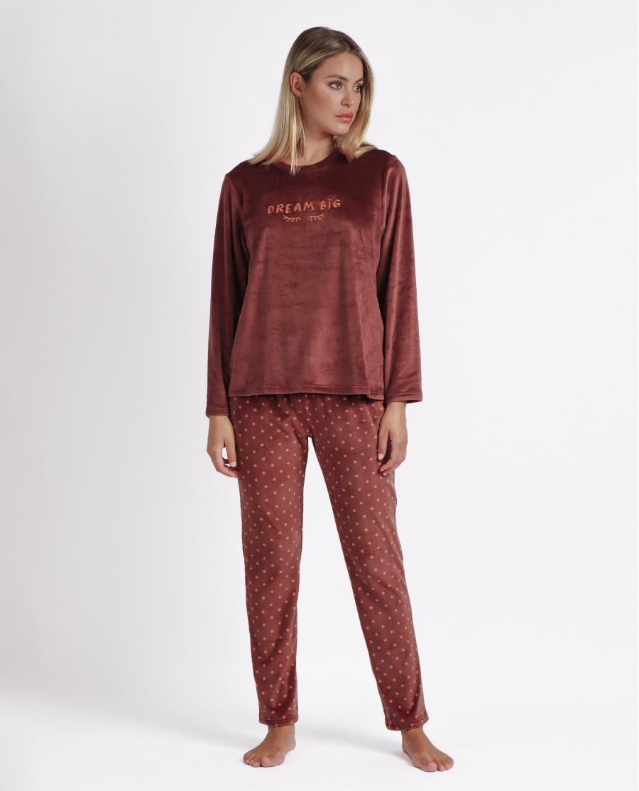 ADMAS Pijama Terciopelo Manga Larga Dream Big para Mujer CHOCOLATE