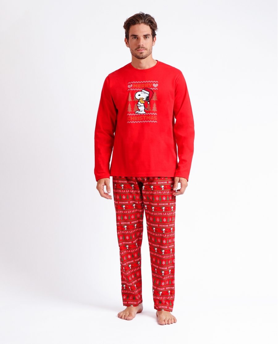 PEANUTS Pijama Manga Larga Merry Christmas para Hombre ROJO