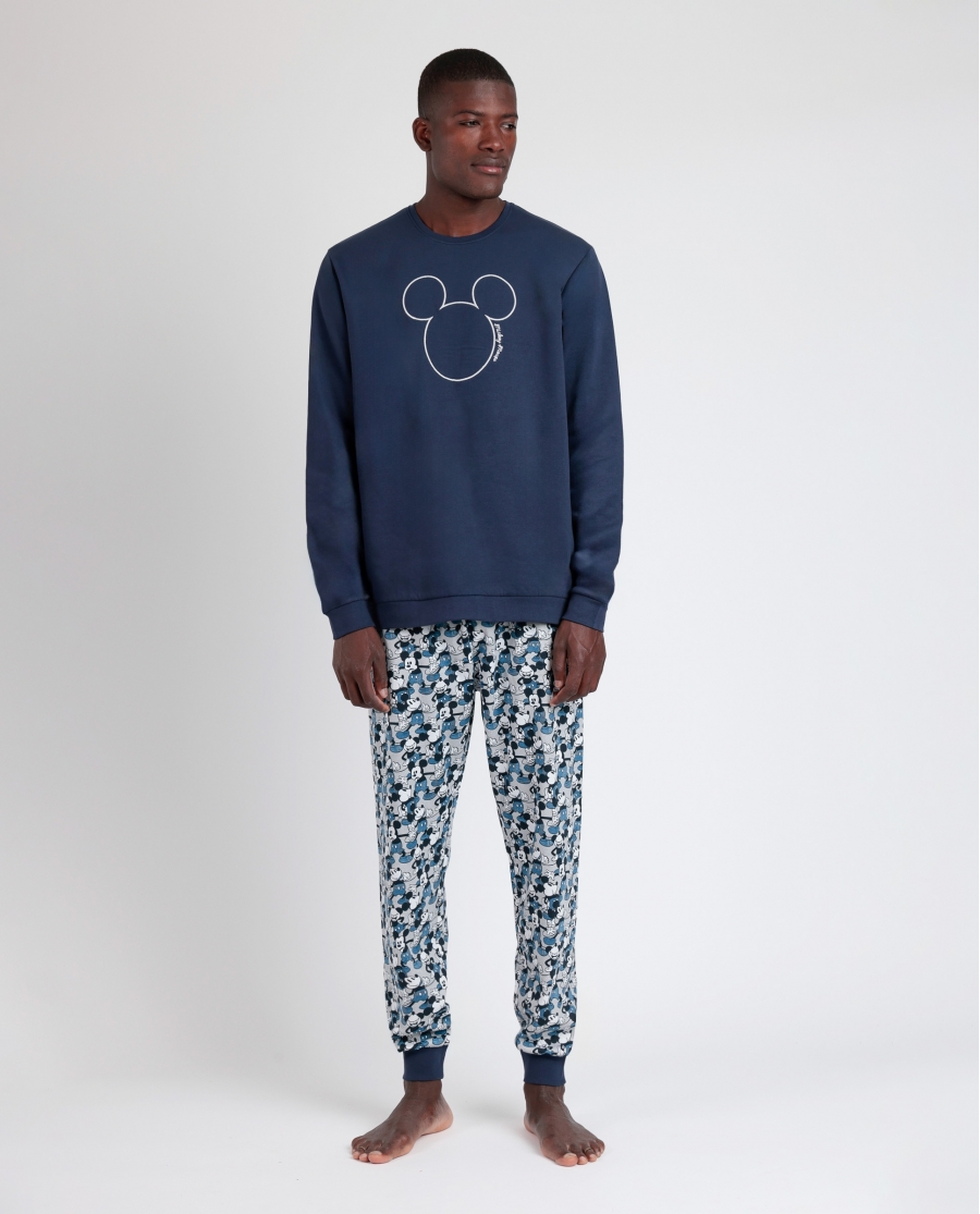 DISNEY Pijama Manga Larga Felpa Mickey Jeans para Hombre MARINO