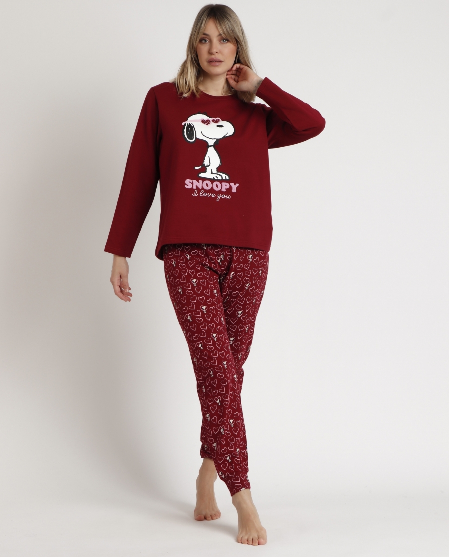 PEANUTS Pijama Manga Larga Snoopy Love para Mujer BURDEOS