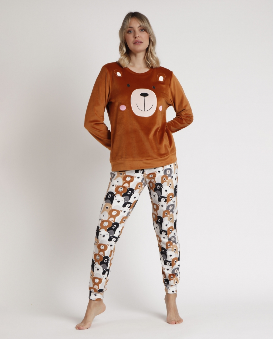 ADMAS Pijama Manga Larga Velvet Bear Family para Mujer MARRON