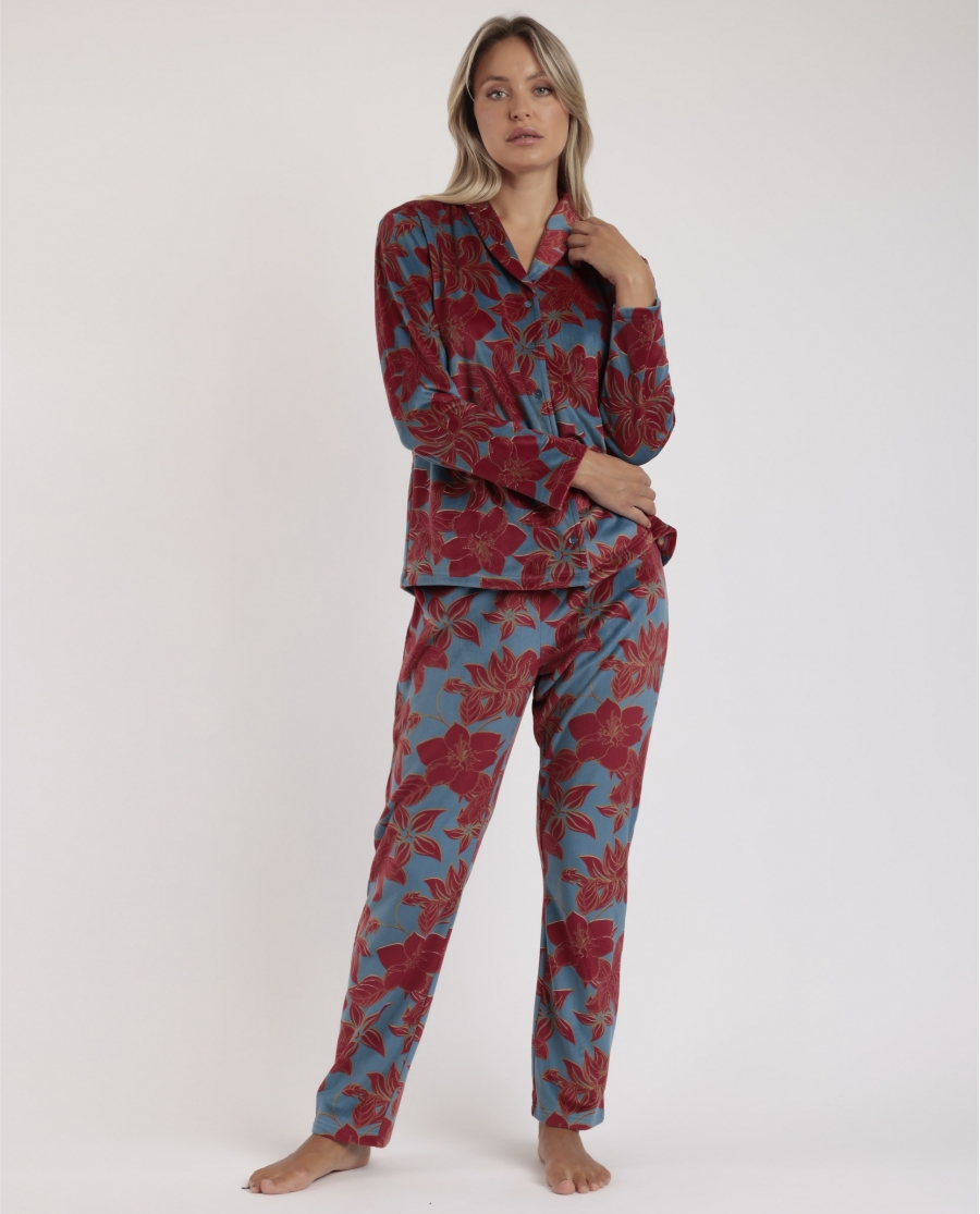 ADMAS LUXURY Pijama Abierto Manga Larga Calentito Luxury Velvet para Mujer OCEANO