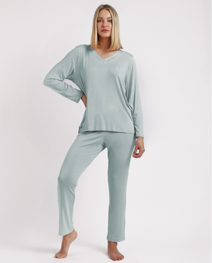 ADMAS CLASSIC Pijama Manga Larga Satin Bands para Mujer VERDE AGUA