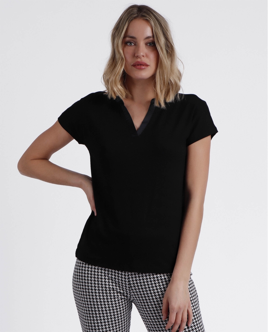 ADMAS Camiseta Manga Corta Tapeta Raso para Mujer NEGRO