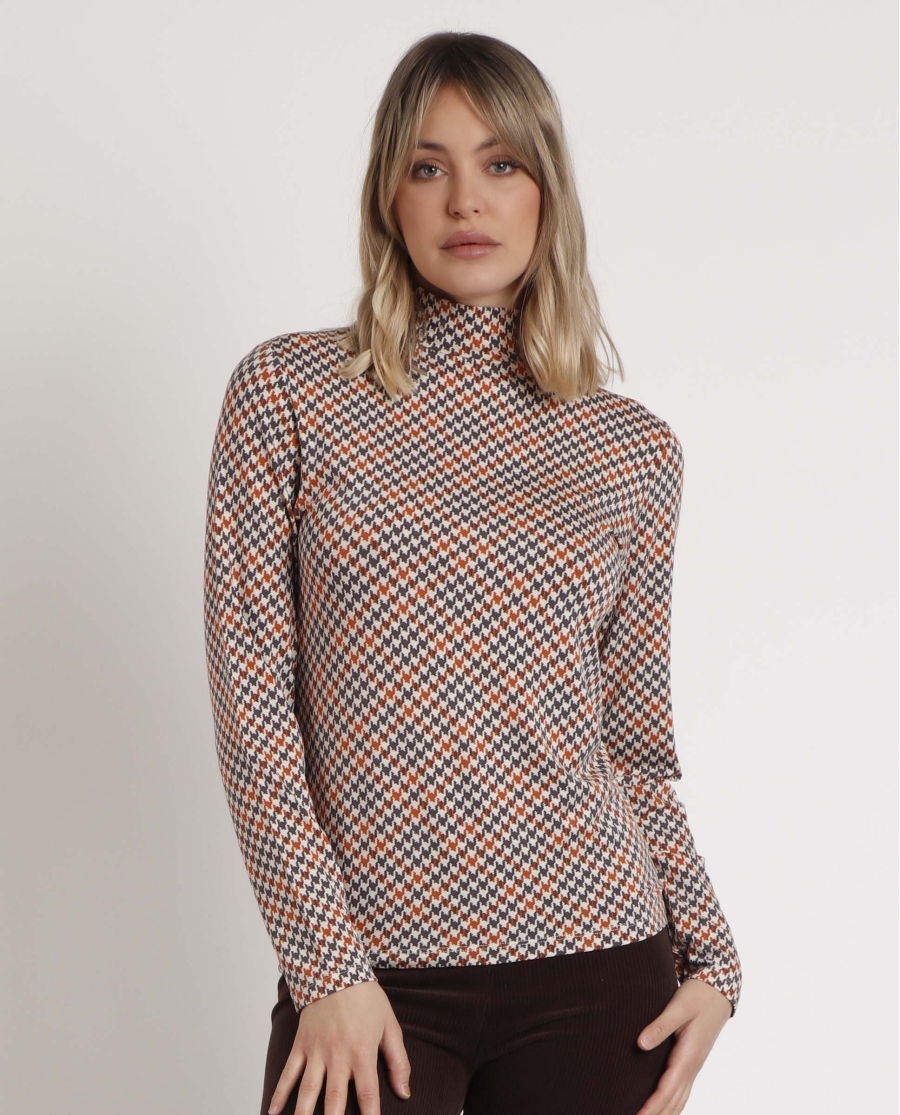 ADMAS Camiseta Manga Larga Houndstooth para Mujer CAMEL