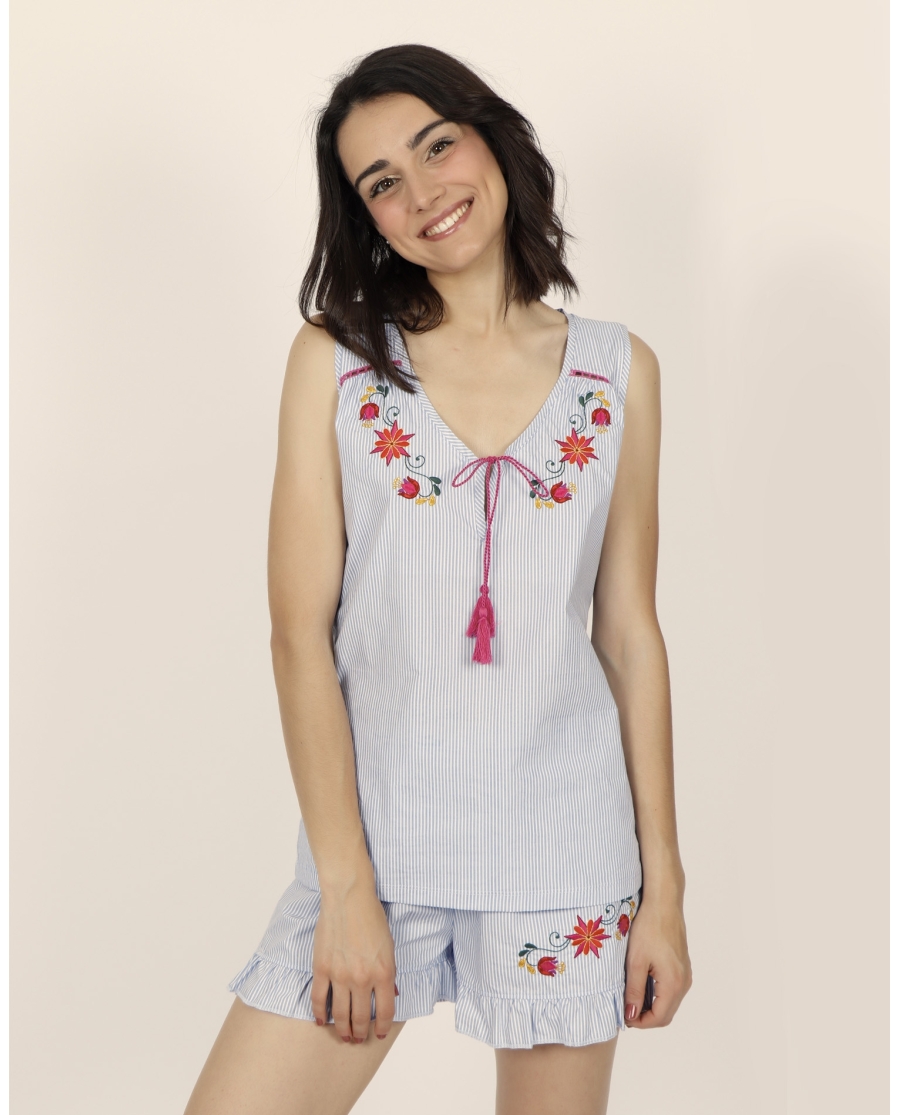 ADMAS Pijama tirantes Mexican Embroidery para Mujer AZUL