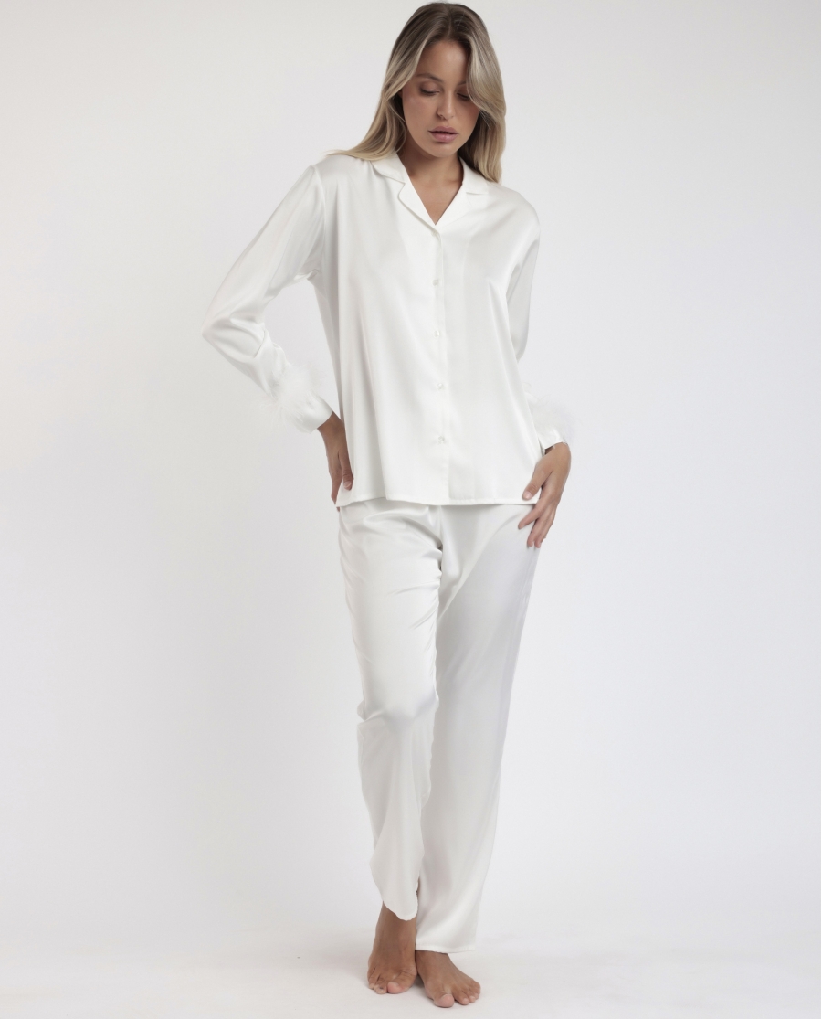 ADMAS LUXURY Pijama Abierto Manga Larga Plumas Marabu Luxe para Mujer BLANCO