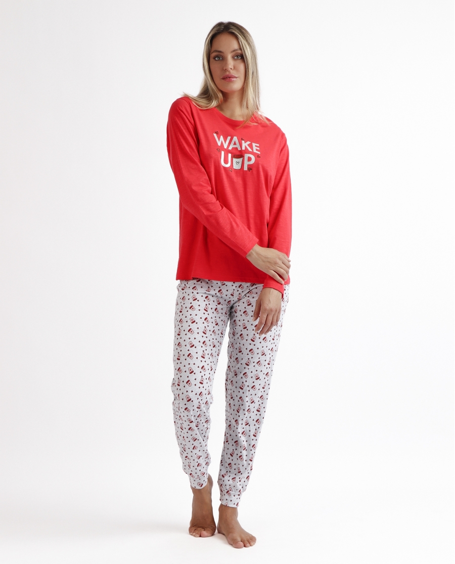 STAY AT HOME Pijama Manga Larga Wake Up para Mujer ROJO