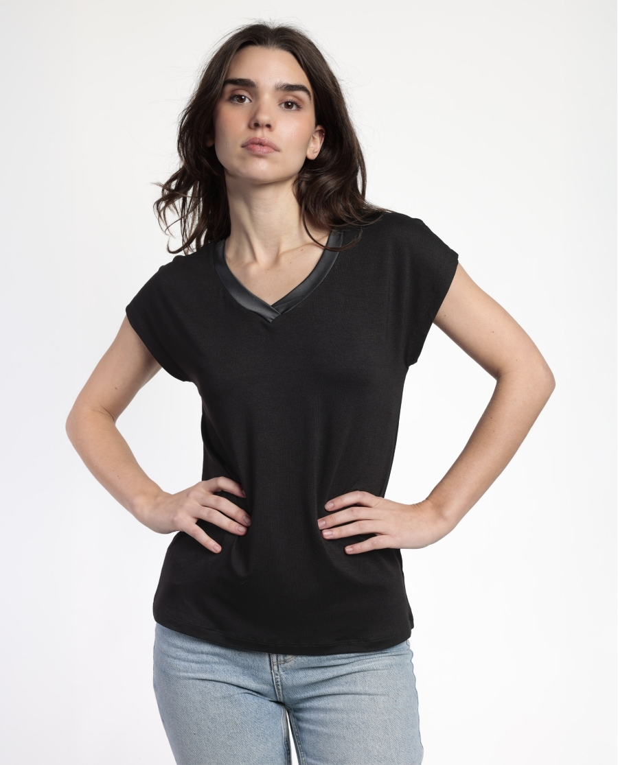 ADMAS Camiseta Manga Corta Pico Raso para Mujer NEGRO