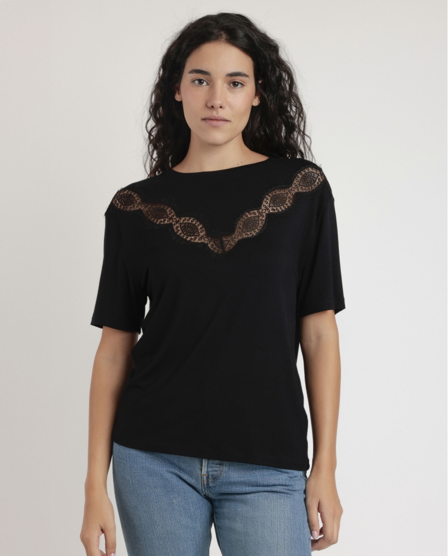 ADMAS Camiseta Manga Corta Chest Lace para Mujer NEGRO