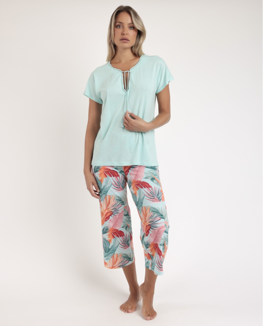 ADMAS GARDEN Pijama Manga Caída Color Leaves para Mujer AZUL