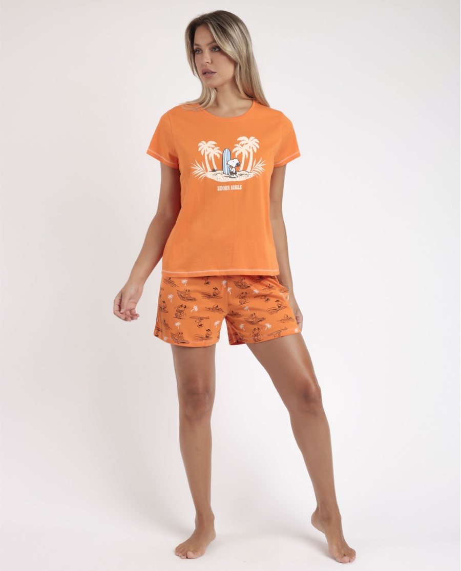 PEANUTS Pijama Manga Corta Summer Beagle para Mujer NARANJA